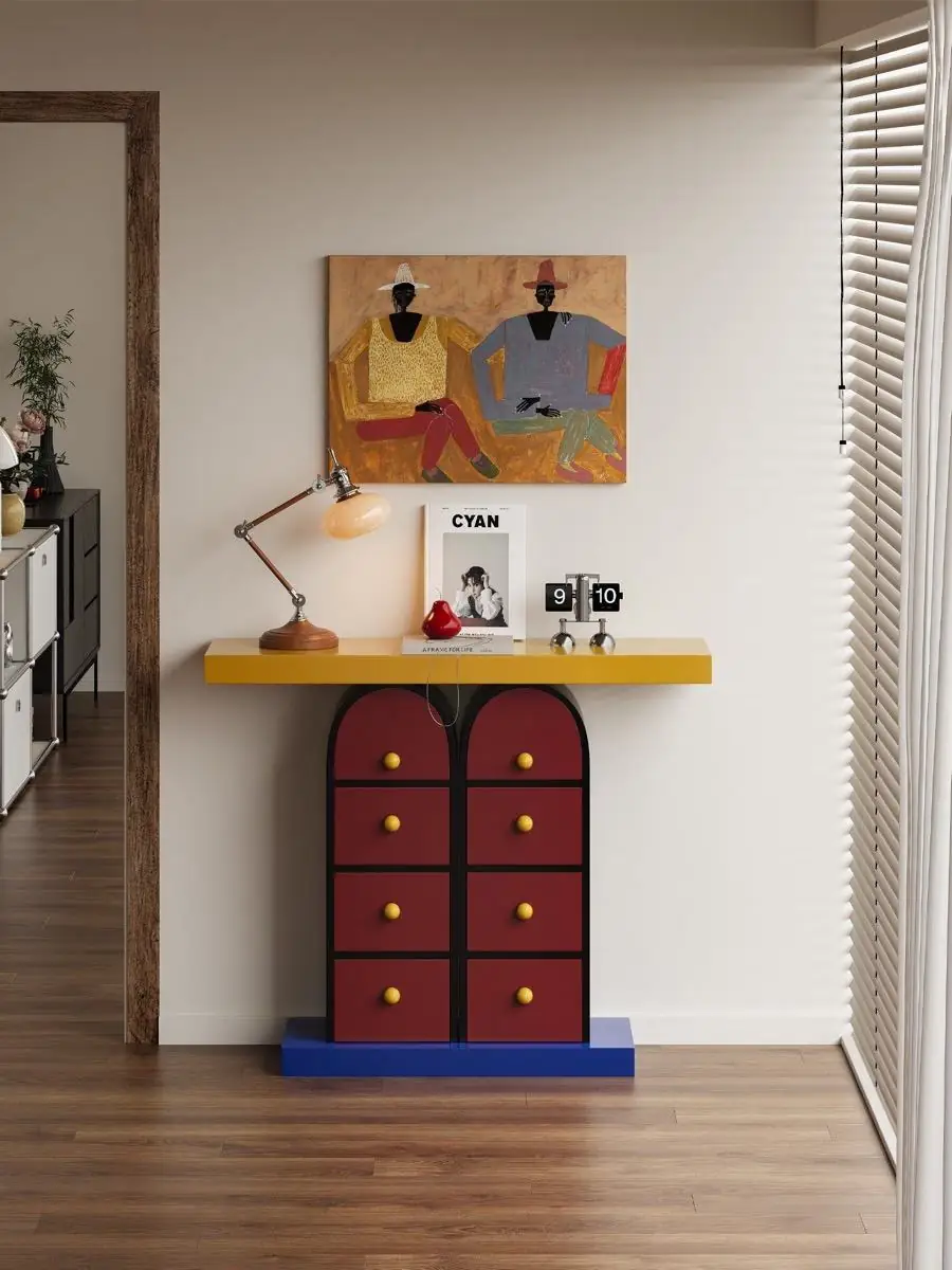 Closer product view of the Memphis-style multicolour drawer console