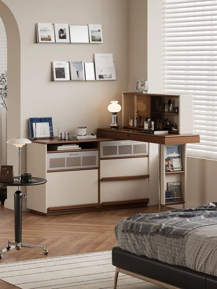 modular ivory and walnut vanity console presented in a styled residential interior