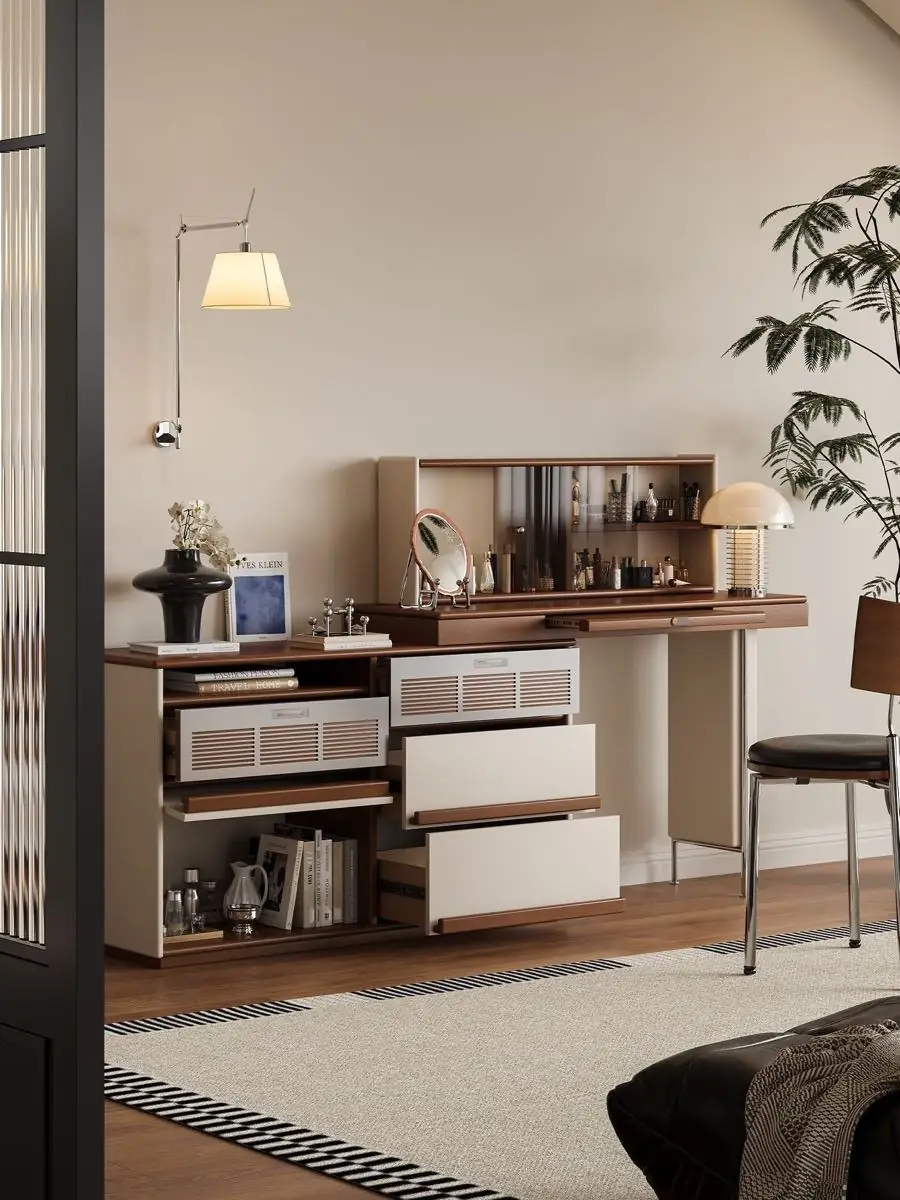 Alternate room view of the modular ivory and walnut vanity console