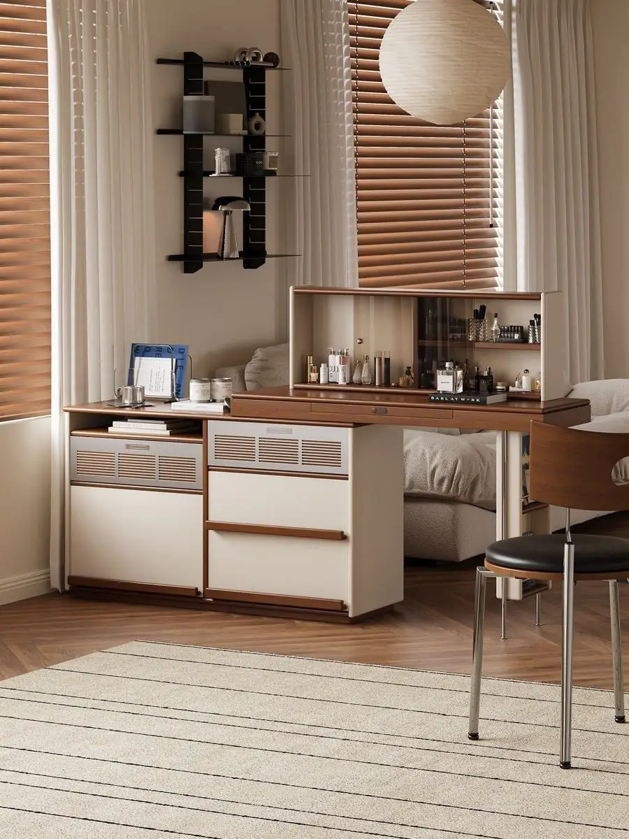 Closer product view of the modular ivory and walnut vanity console