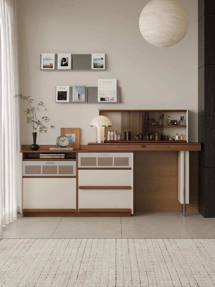 modular ivory and walnut vanity console shown with surrounding furniture for scale