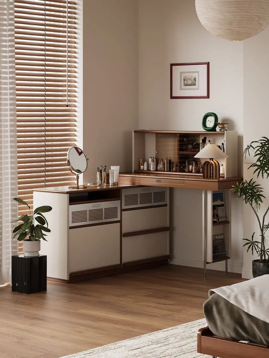 Final lifestyle view of the modular ivory and walnut vanity console