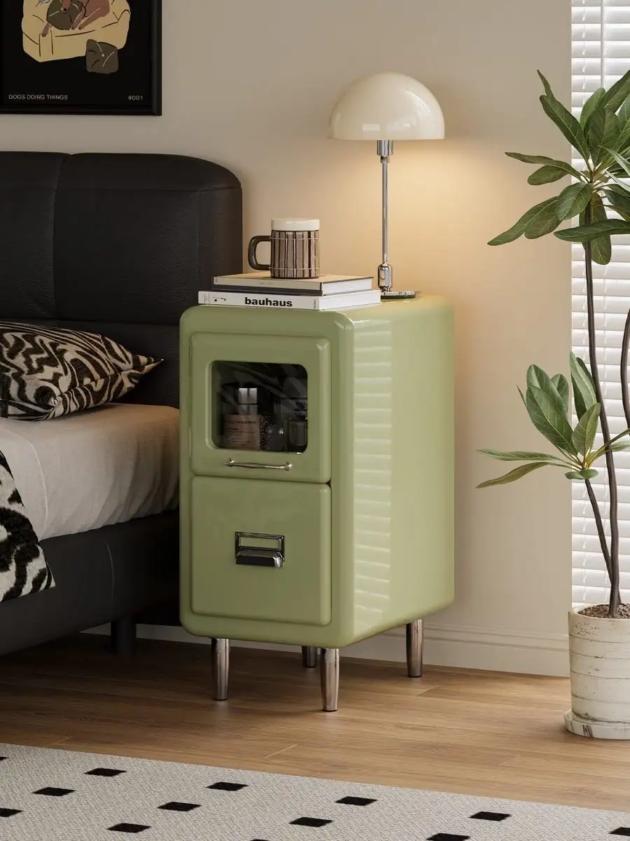 slim retro-industrial bedside cabinet presented in a styled residential interior