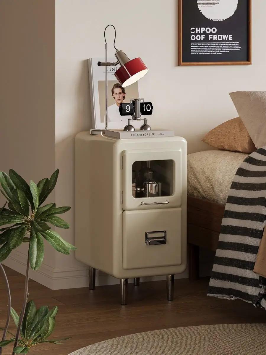 Alternate room view of the slim retro-industrial bedside cabinet
