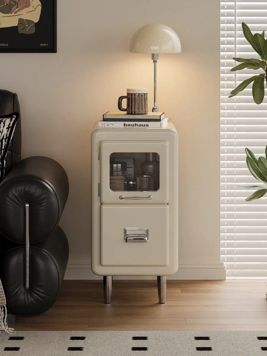 Closer product view of the slim retro-industrial bedside cabinet