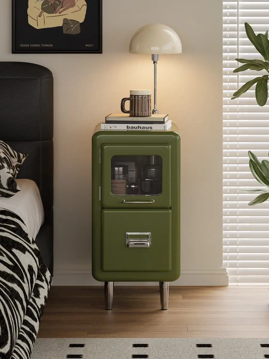 slim retro-industrial bedside cabinet shown in a second interior setting