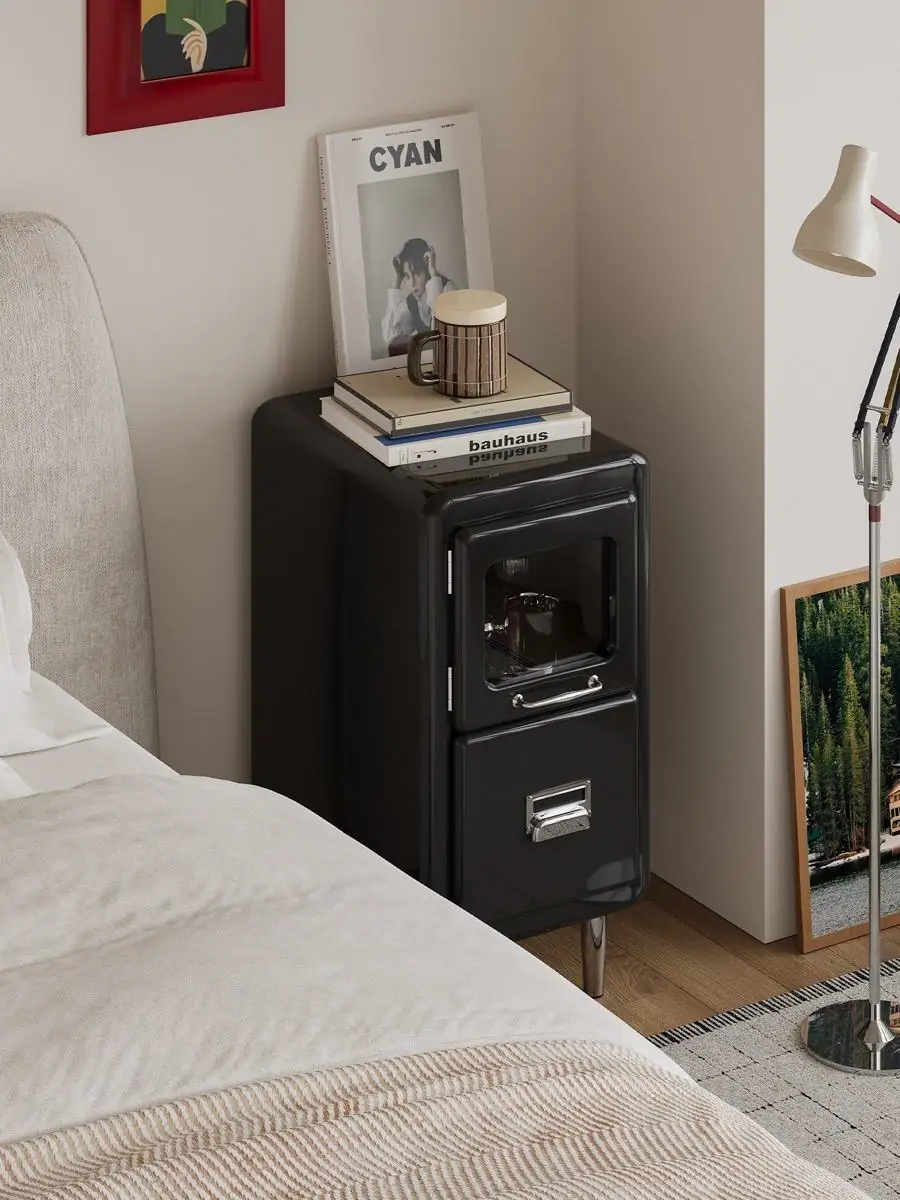 Material and form study of the slim retro-industrial bedside cabinet
