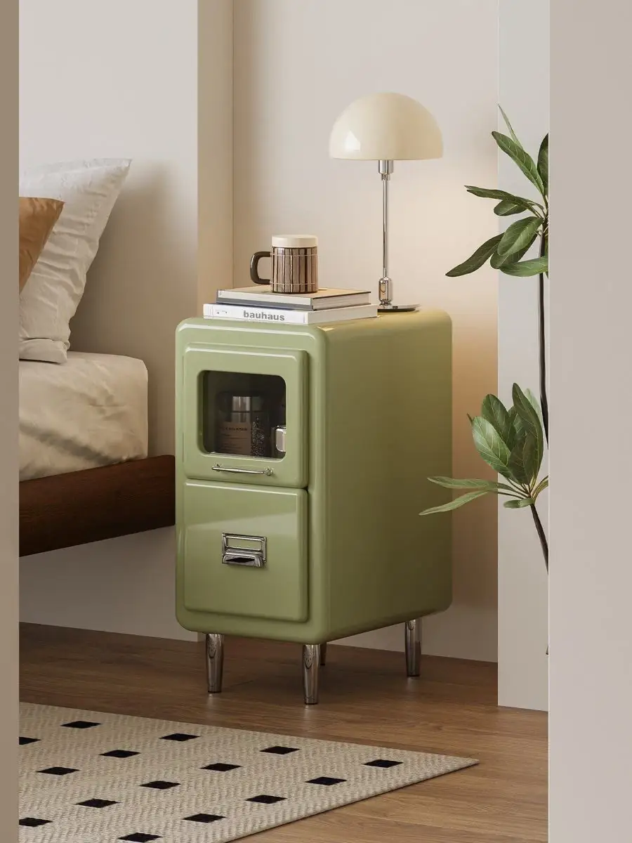 Final lifestyle view of the slim retro-industrial bedside cabinet