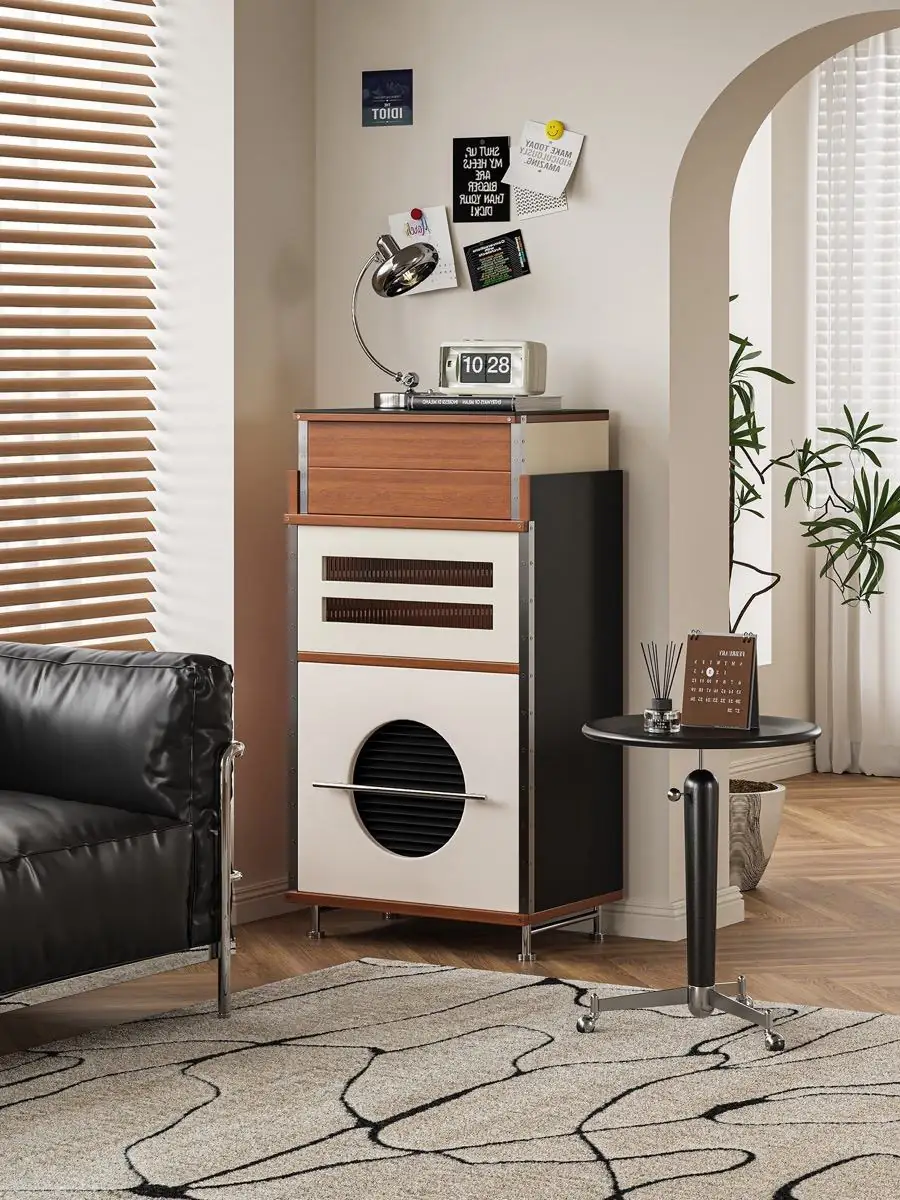 Tall cream and walnut multifunction cabinet with a large circular opening