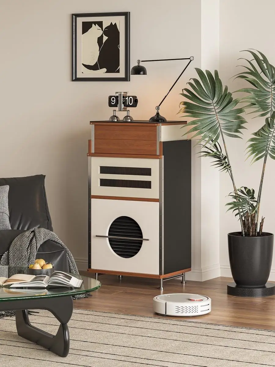 Walnut drawer and pale open-bay details