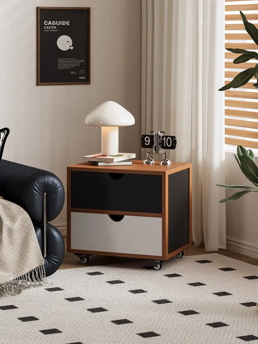 colour-blocked mobile bedside drawer unit presented in a styled residential interior