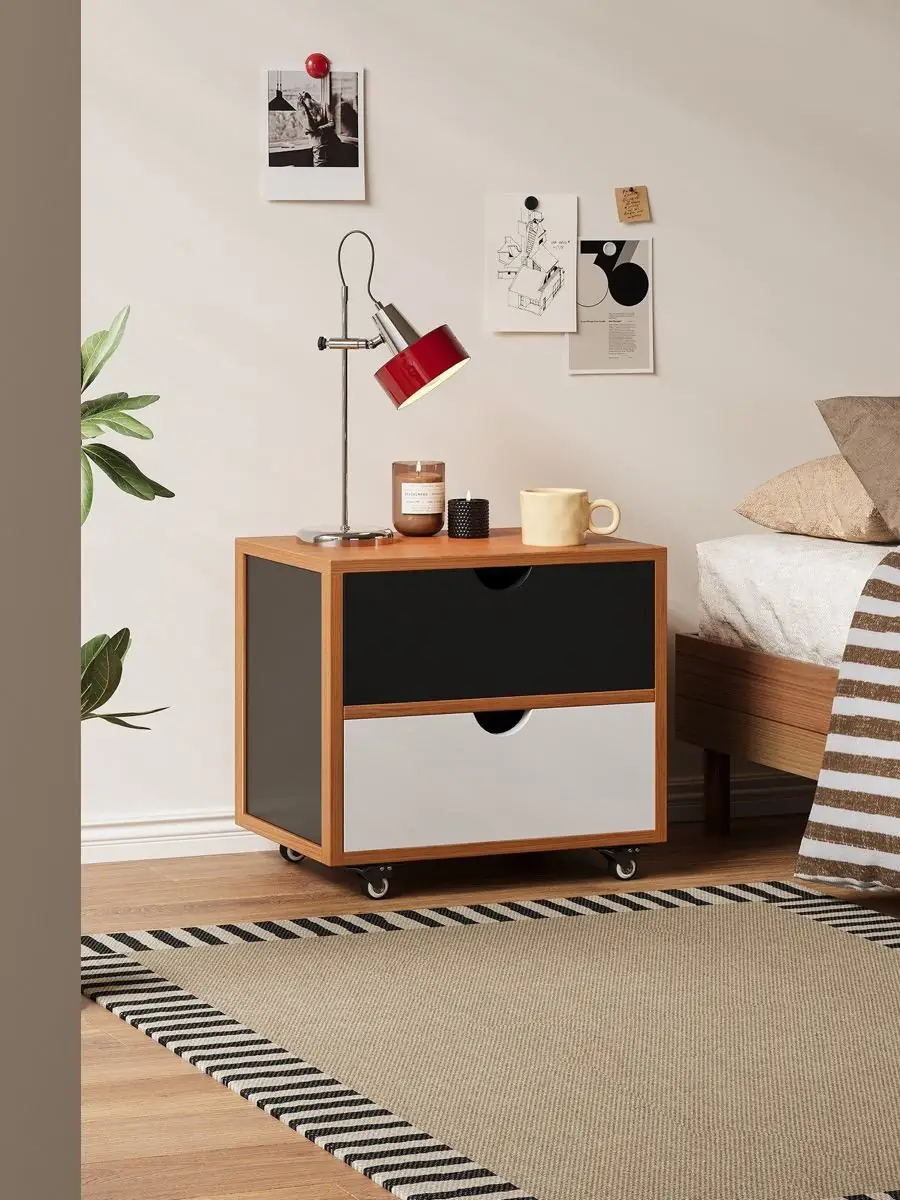 Alternate room view of the colour-blocked mobile bedside drawer unit