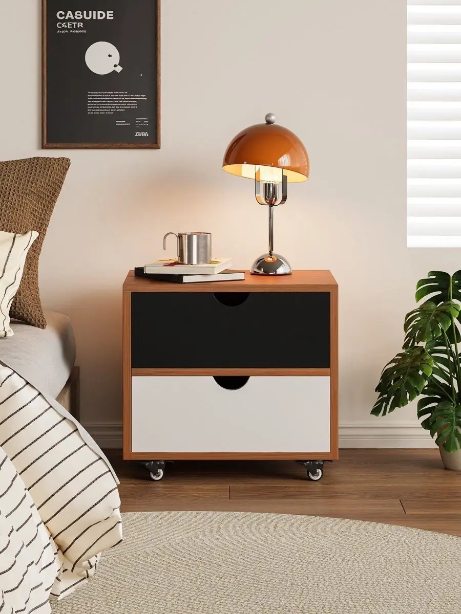 colour-blocked mobile bedside drawer unit shown in a second interior setting