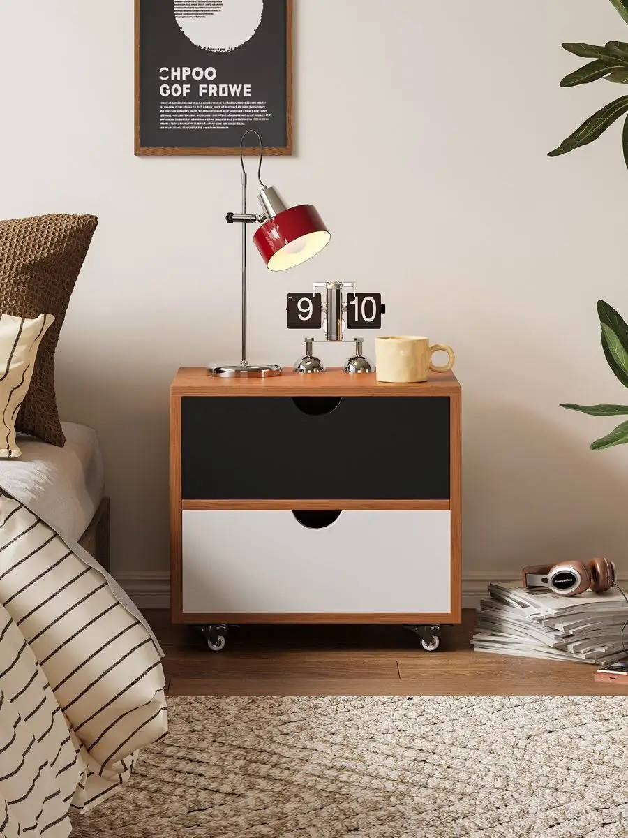 Material and form study of the colour-blocked mobile bedside drawer unit