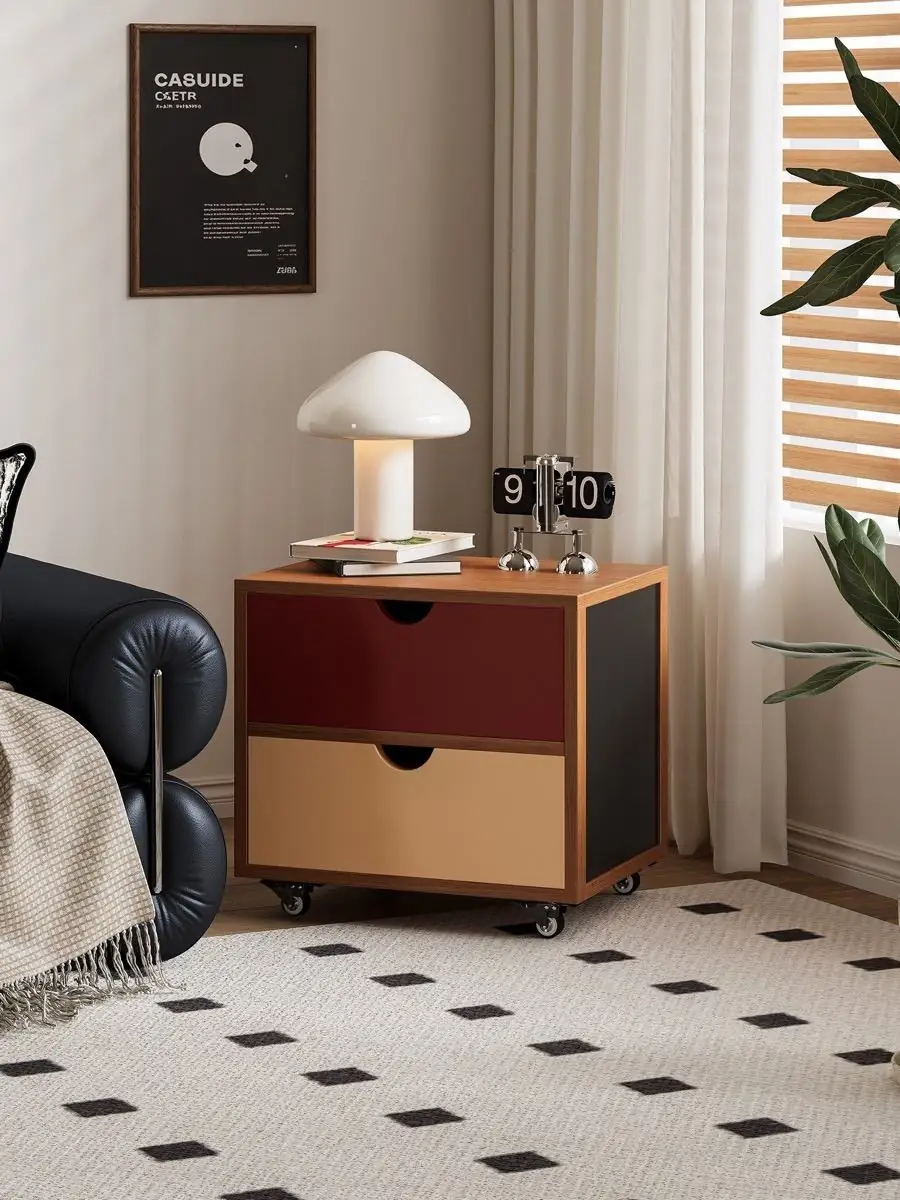 colour-blocked mobile bedside drawer unit shown with surrounding furniture for scale