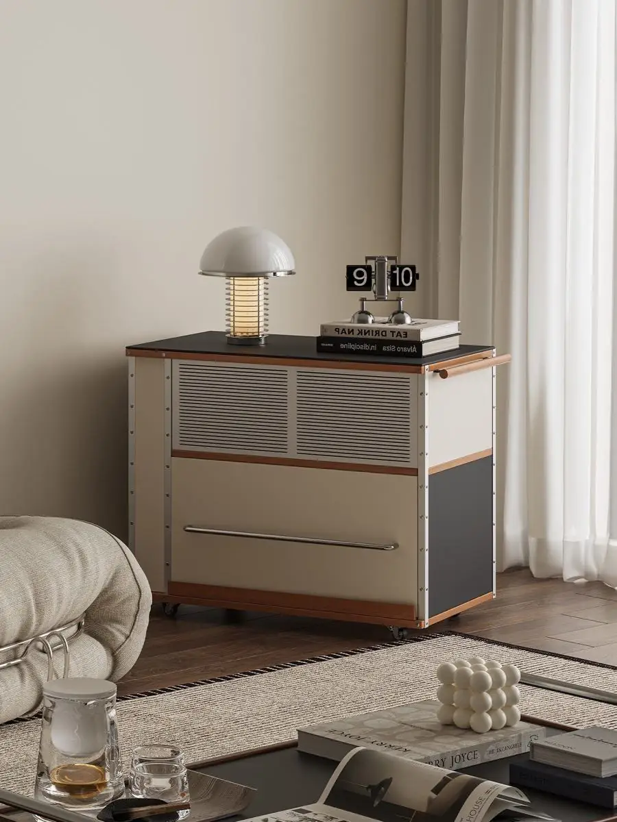 Compact rolling service cabinet with walnut top, mesh drawer and open bottle rack