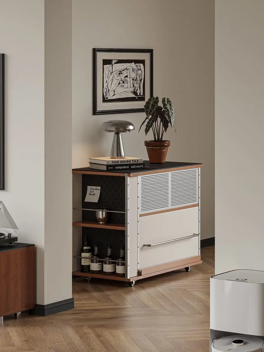 Front view of the rolling cabinet's drawers and lower rack