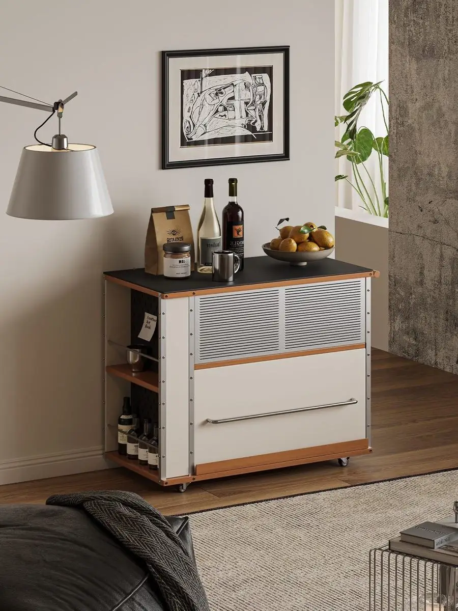 Final material study of timber, metal mesh and pale drawer fronts