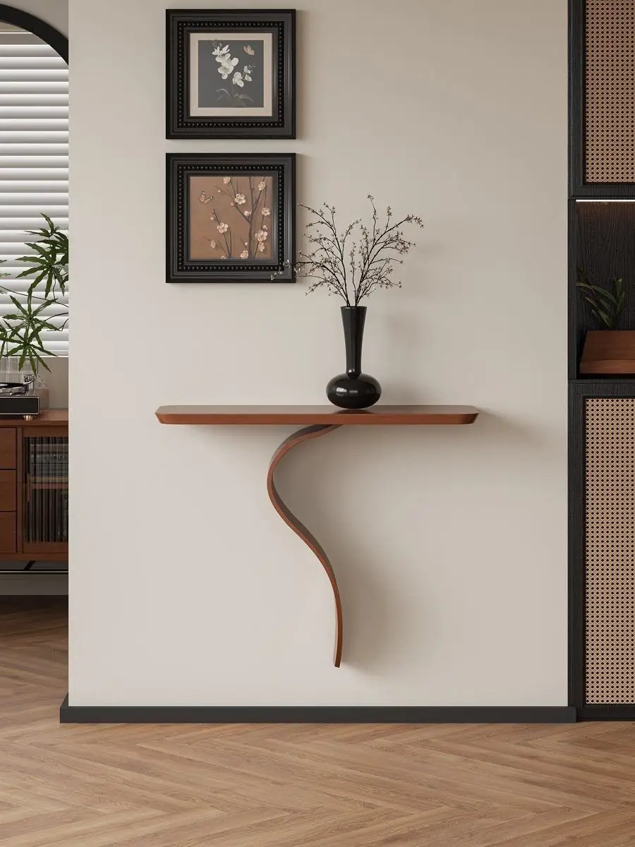 Alternate room view of the sculptural S-curve floating wall console