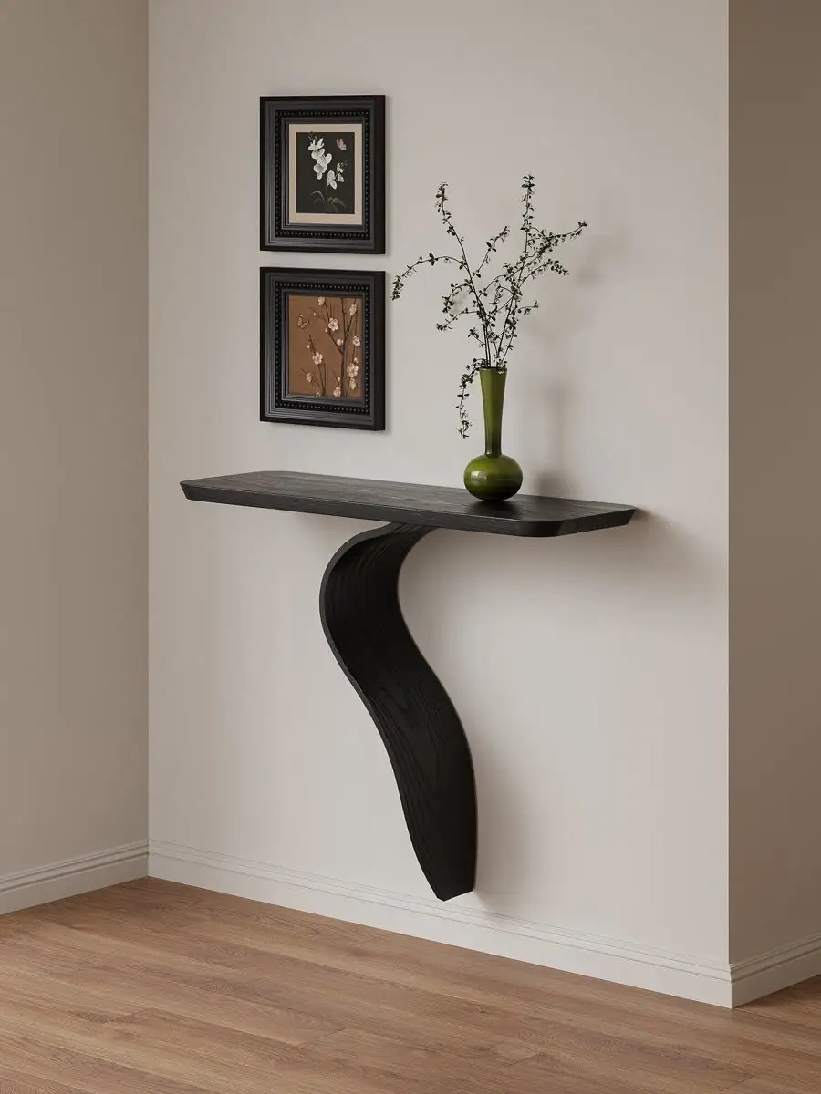 sculptural S-curve floating wall console shown in a second interior setting