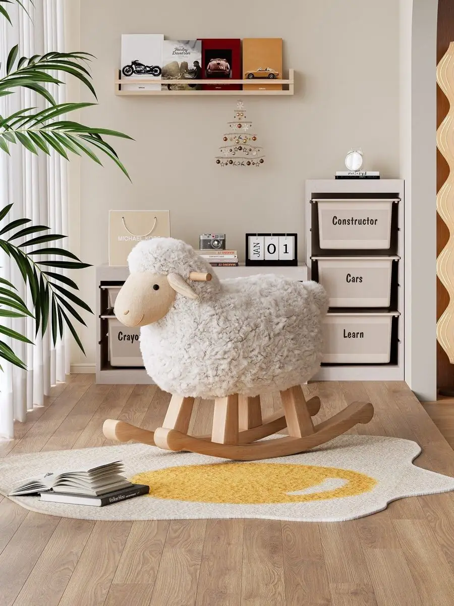 Lamb-shaped rocking chair framed by shelving and plants in soft daylight