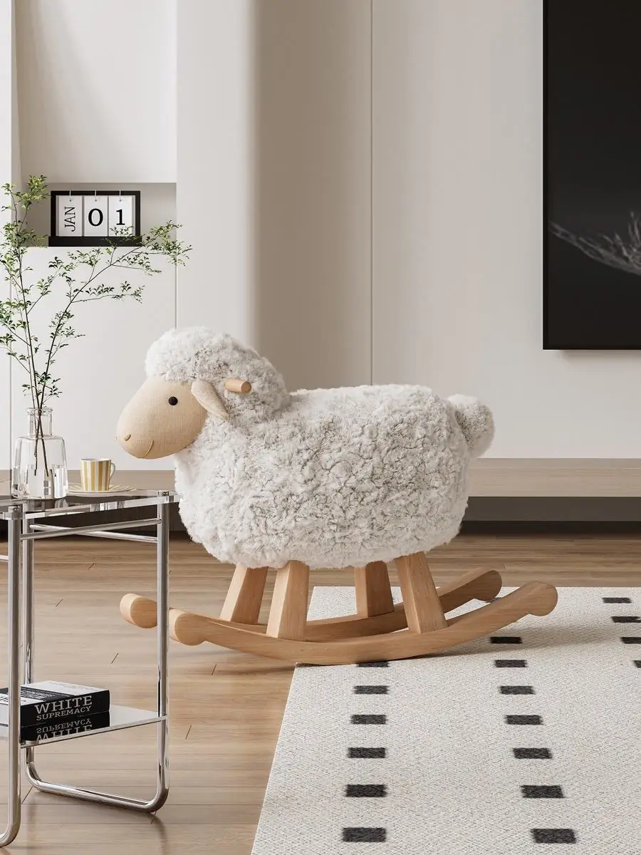 Lamb-shaped rocking chair presented in a calm contemporary living space
