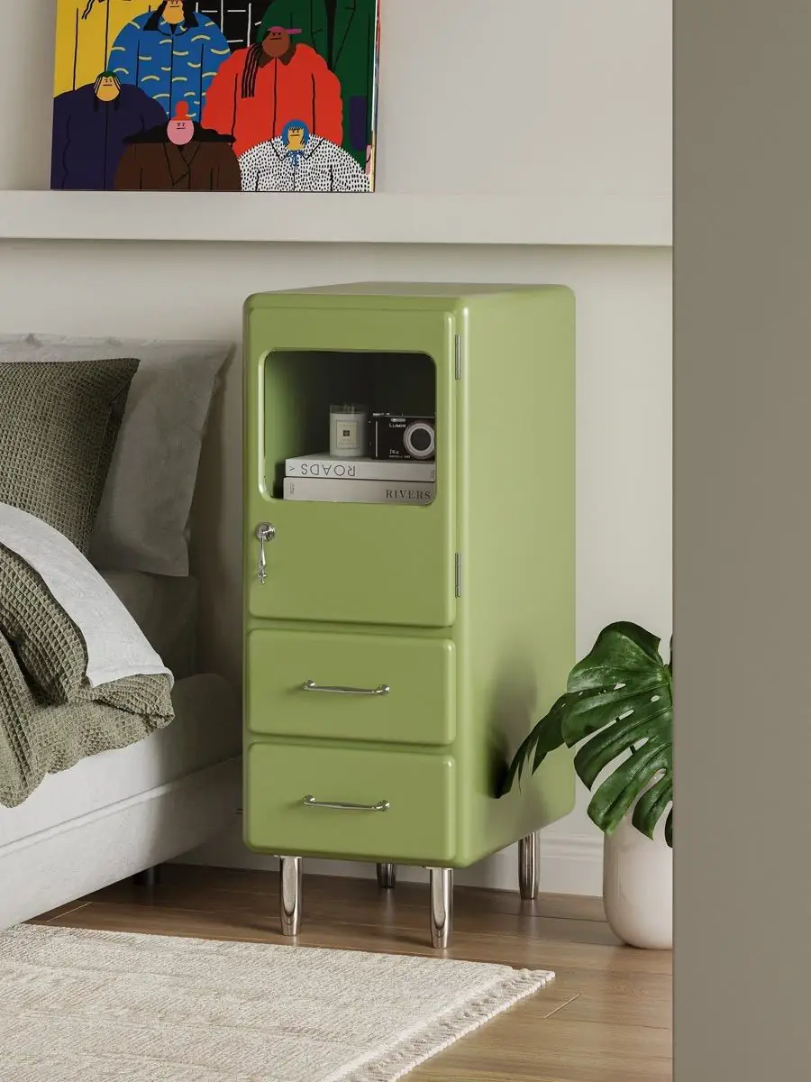 Closer product view of the rounded painted-metal bedside cabinet
