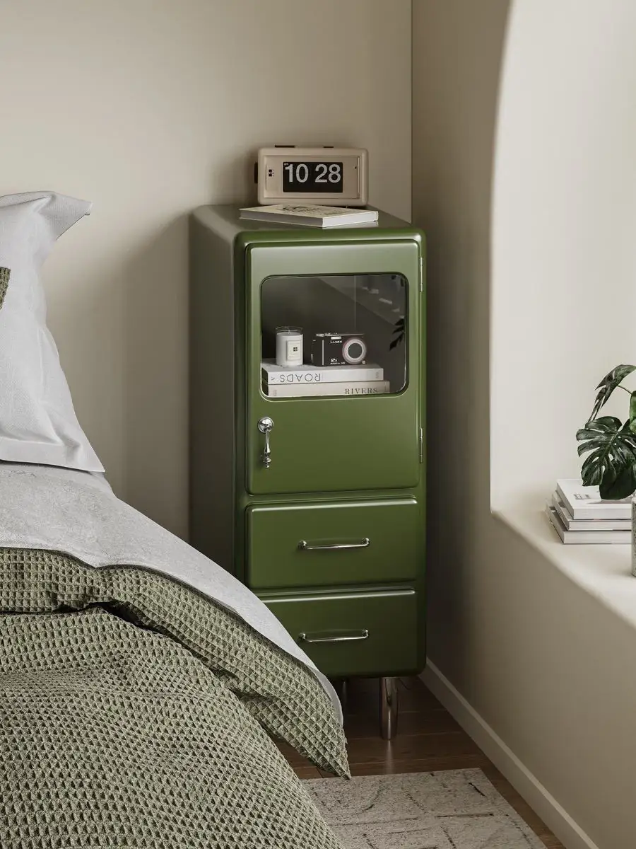 Material and form study of the rounded painted-metal bedside cabinet