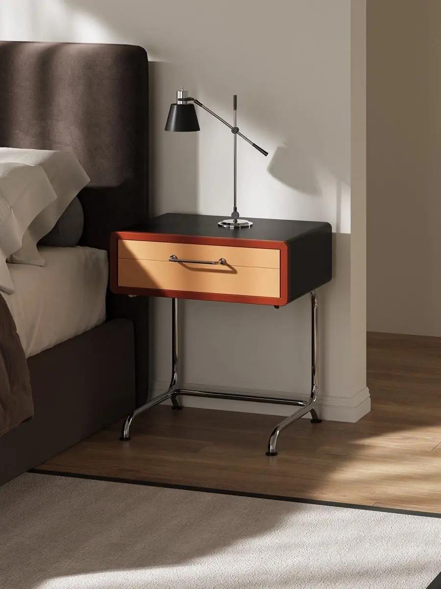 Alternate room view of the colour-blocked tubular-frame nightstand
