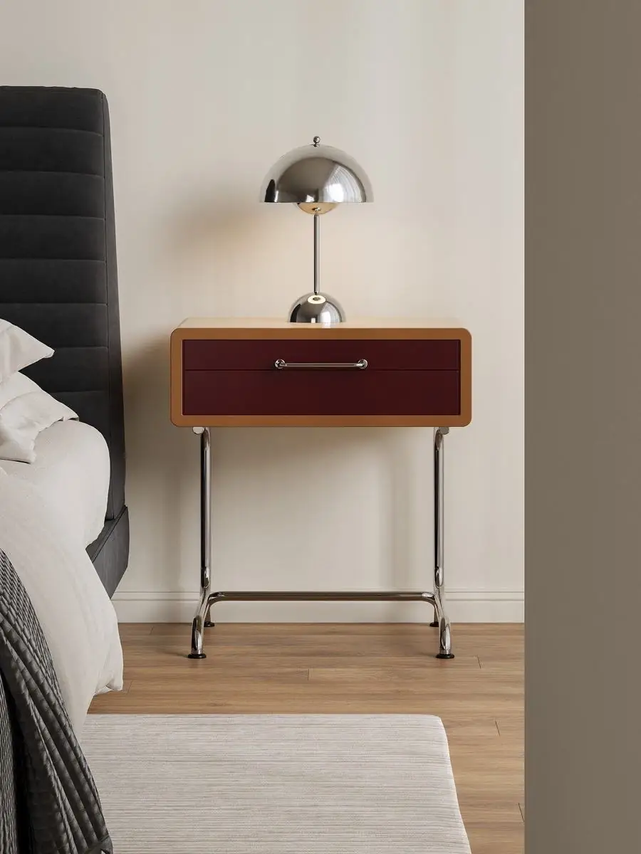 colour-blocked tubular-frame nightstand shown in a second interior setting