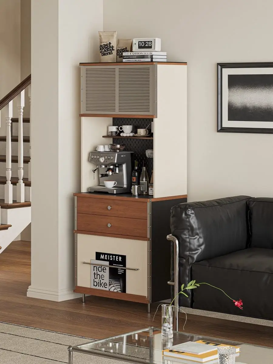 Tall cream, walnut and black beverage tower in a warm kitchen setting
