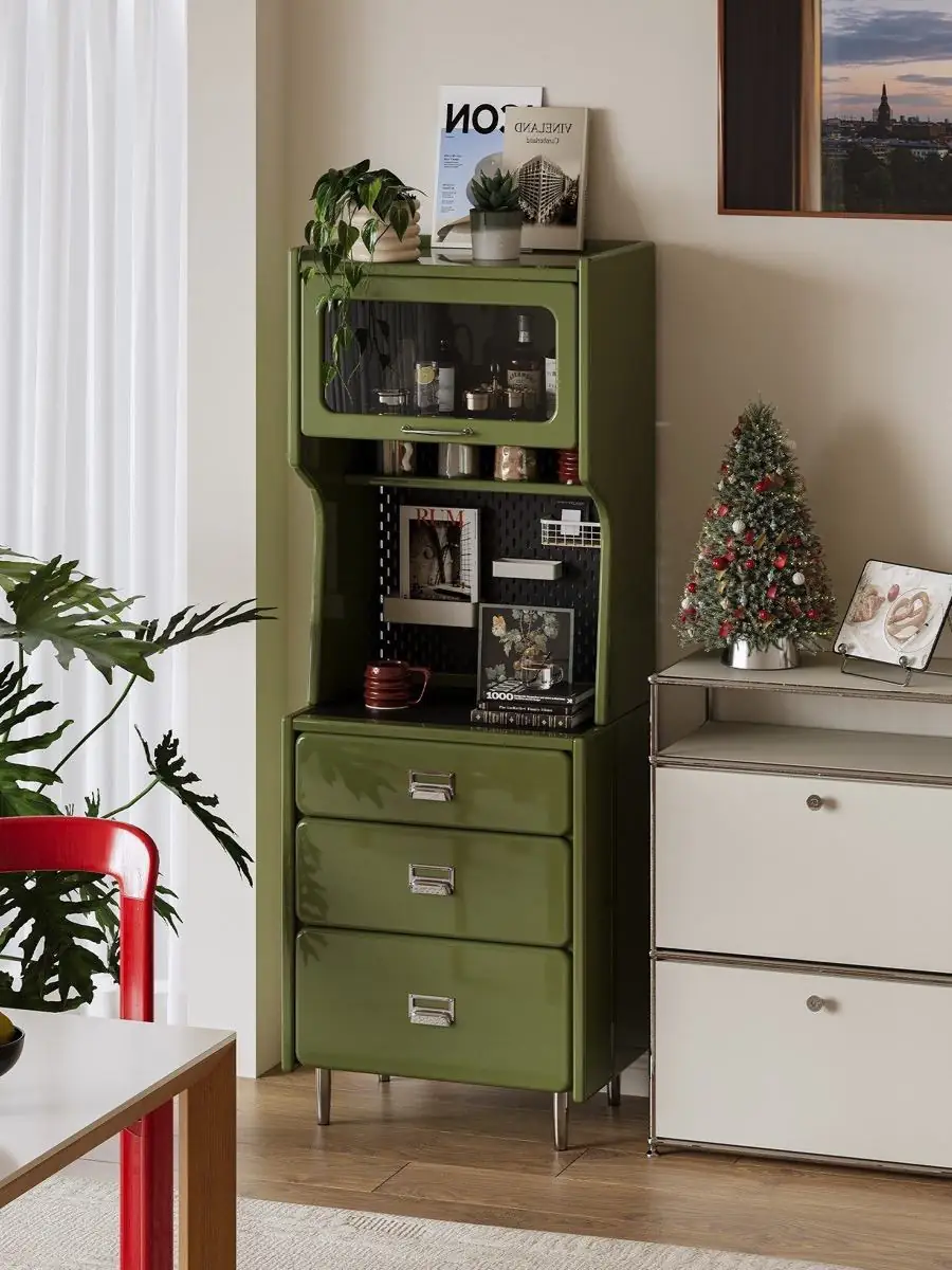 tall vertical beverage station cabinet presented in a styled residential interior
