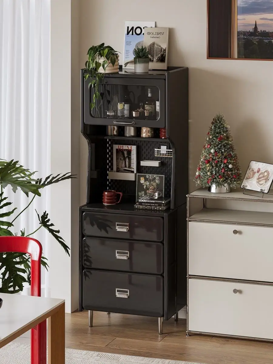 Alternate room view of the tall vertical beverage station cabinet