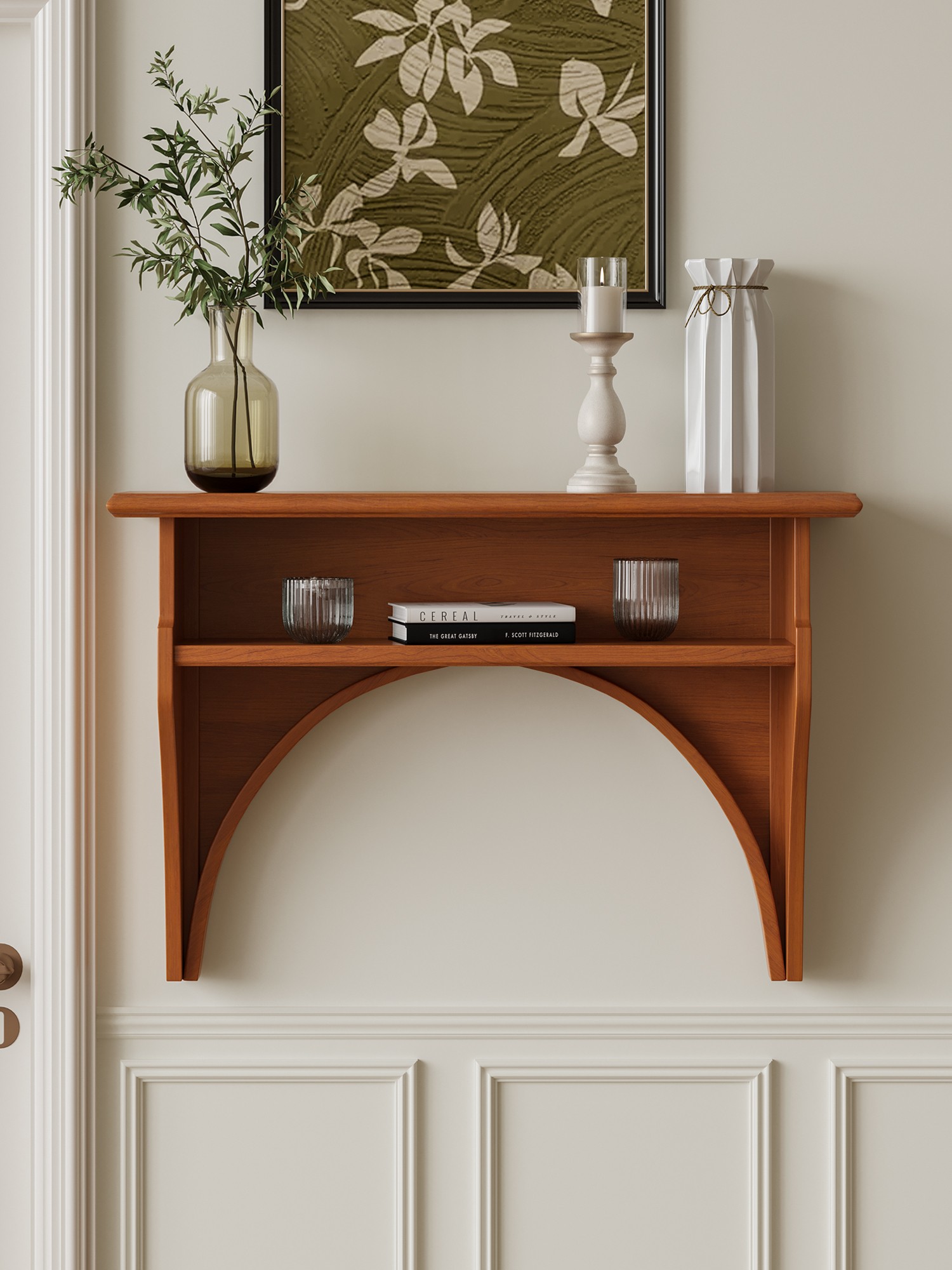 arched wall-mounted display console shown with surrounding furniture for scale