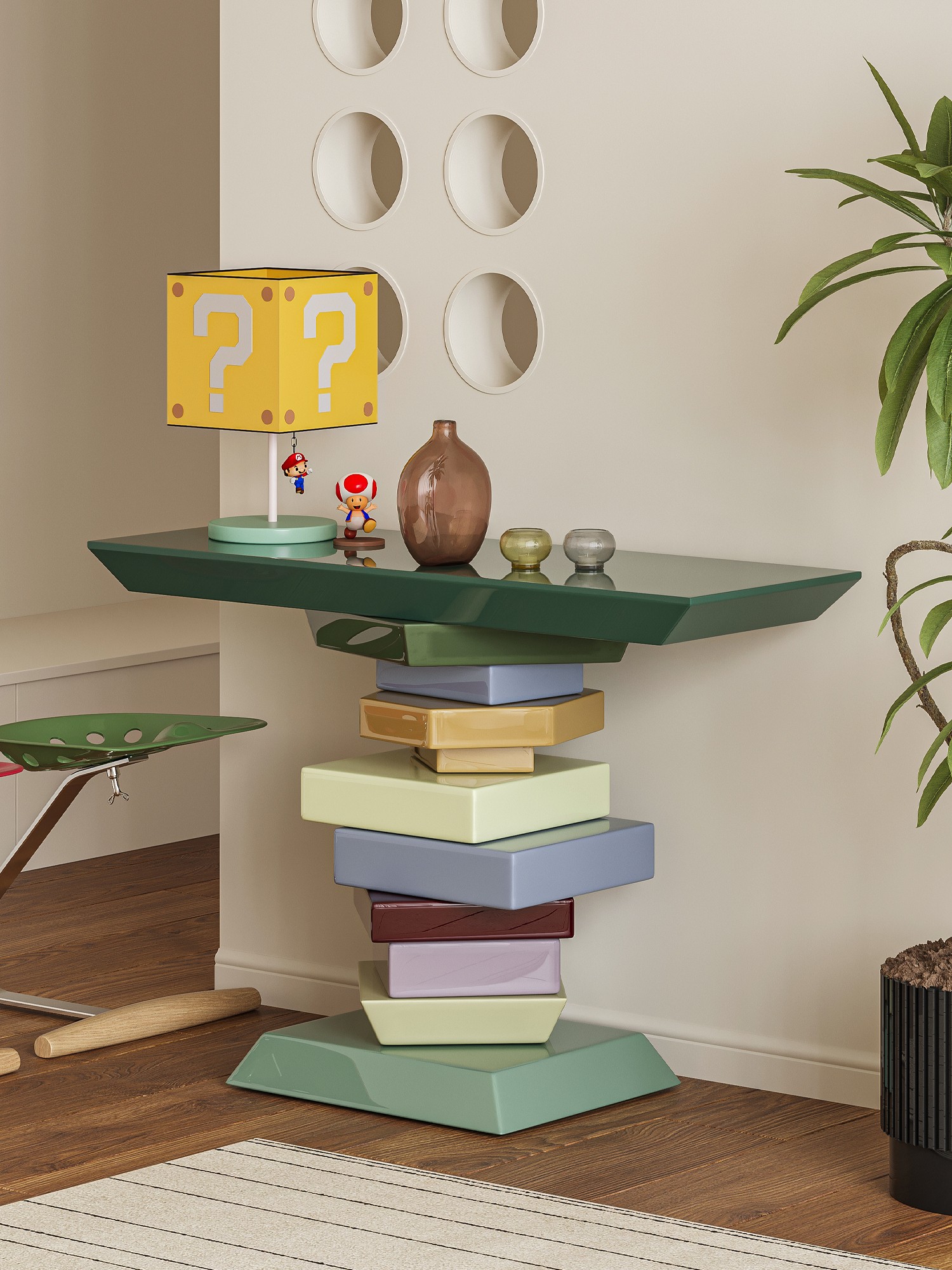 Final lifestyle view of the sculptural stacked-volume console table