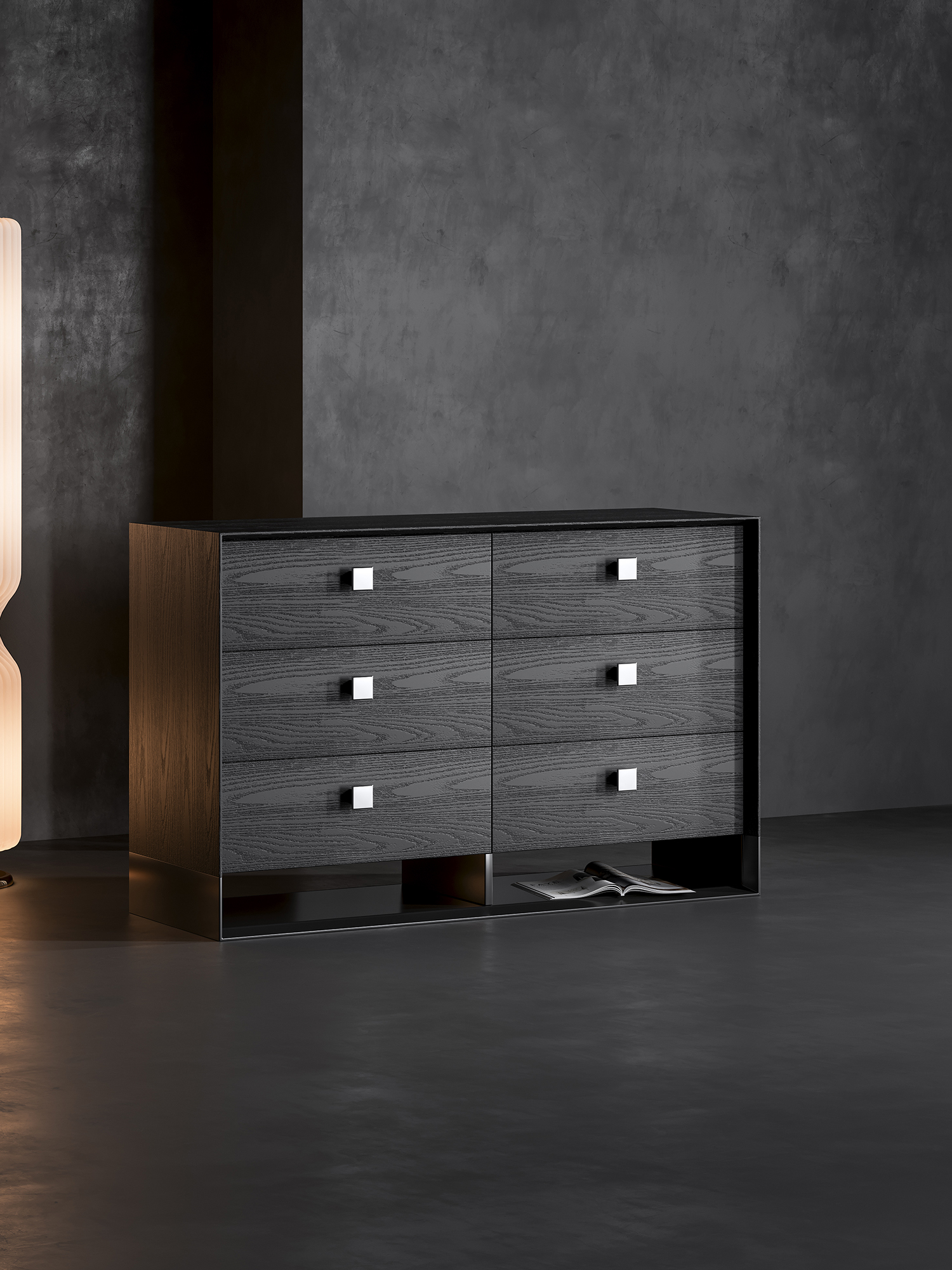 charcoal timber six-drawer dresser presented in a styled residential interior