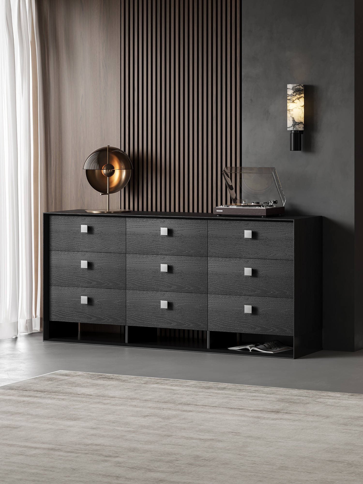 Material and form study of the charcoal timber six-drawer dresser