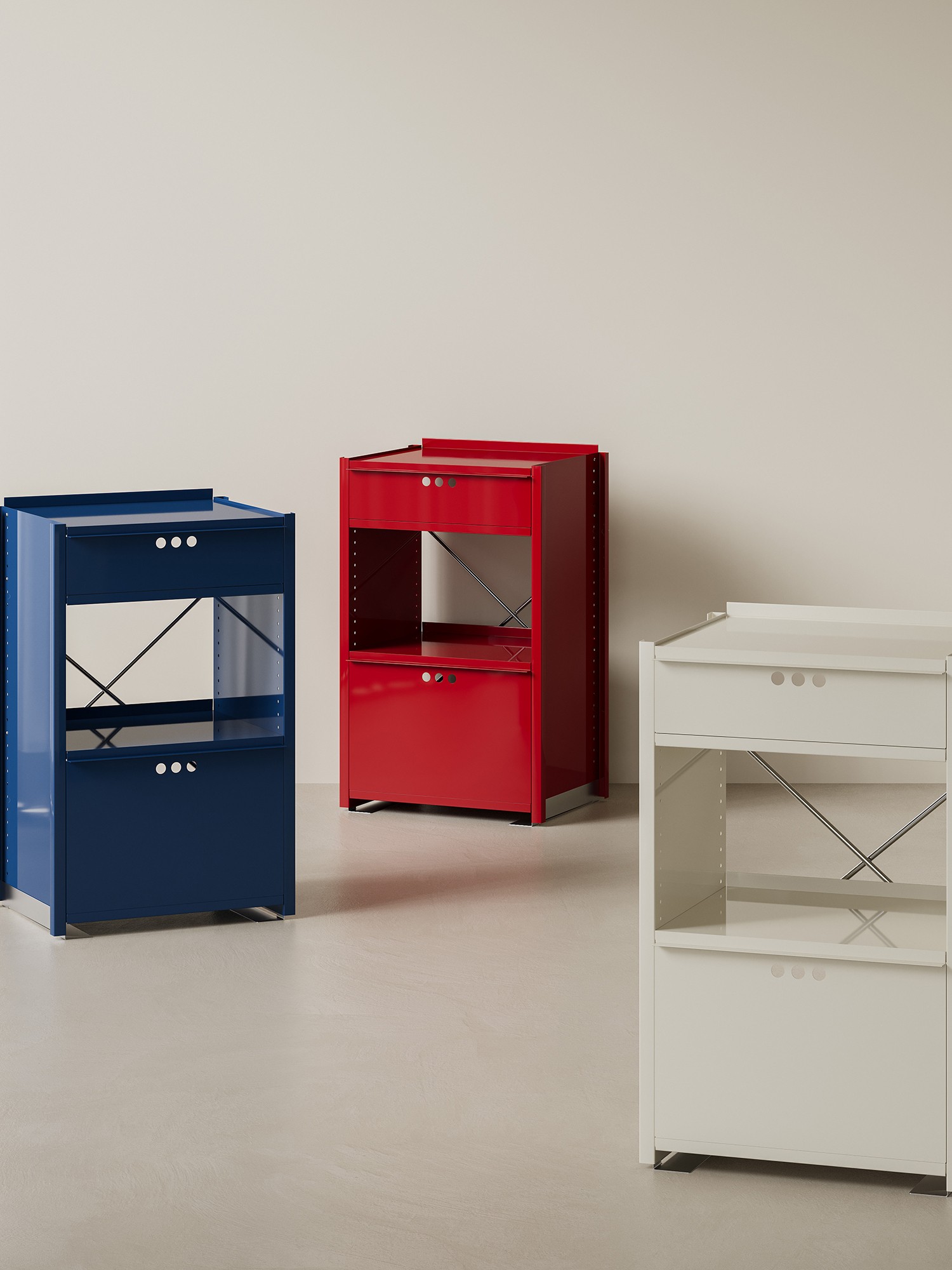 Alternate room view of the colour-led mobile metal utility cabinet