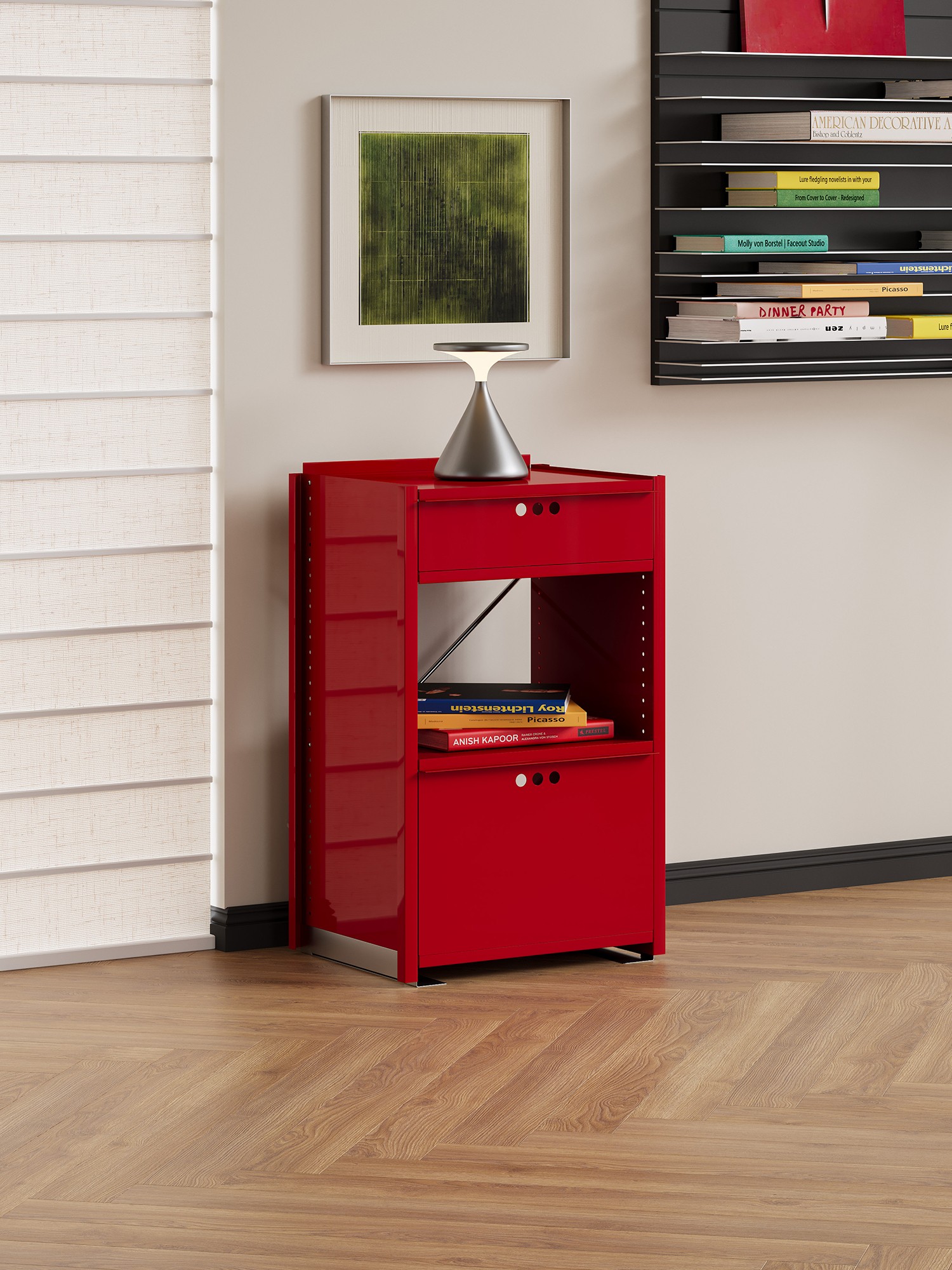colour-led mobile metal utility cabinet shown in a second interior setting