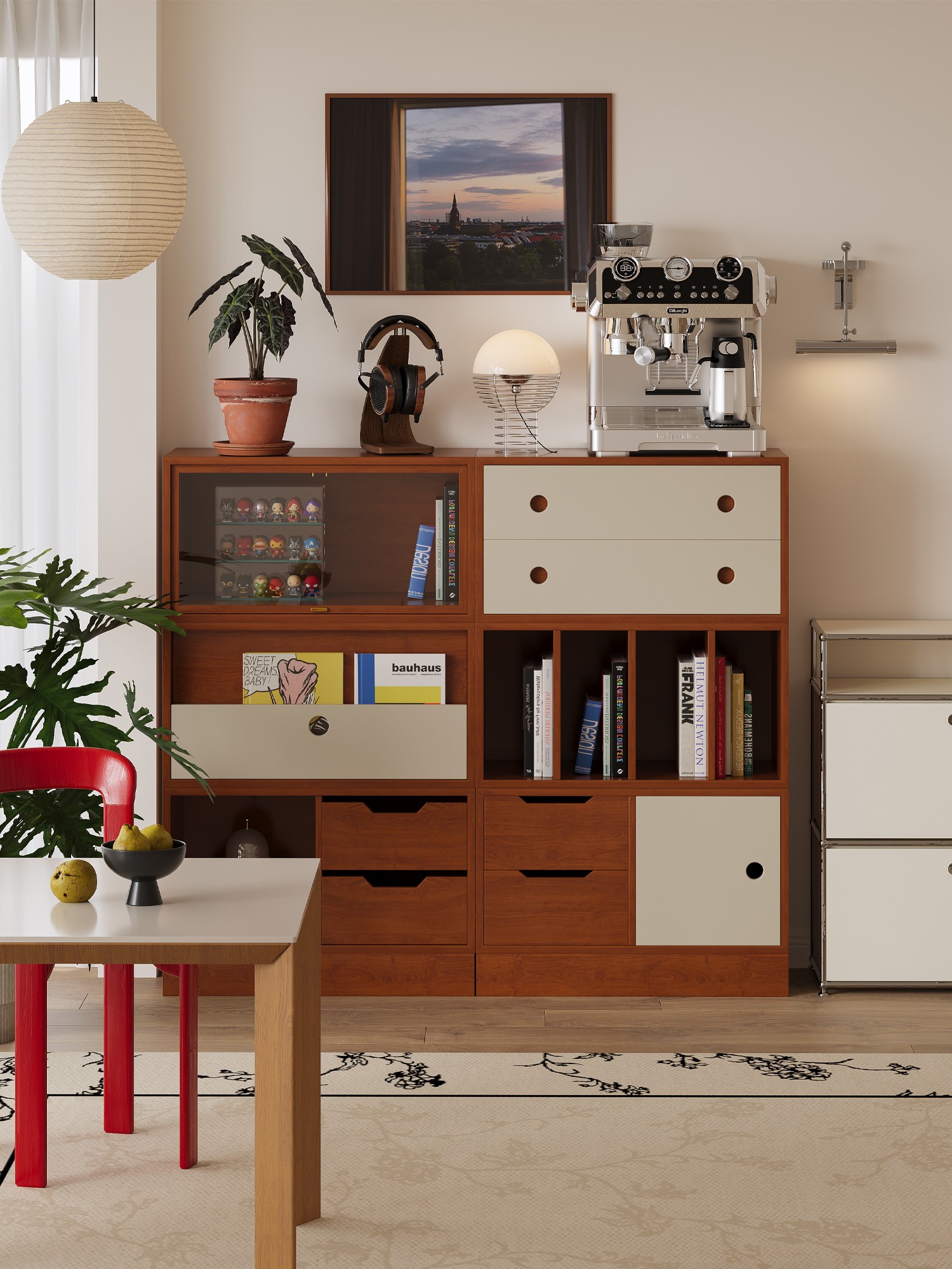 modular timber-grid sideboard presented in a styled residential interior