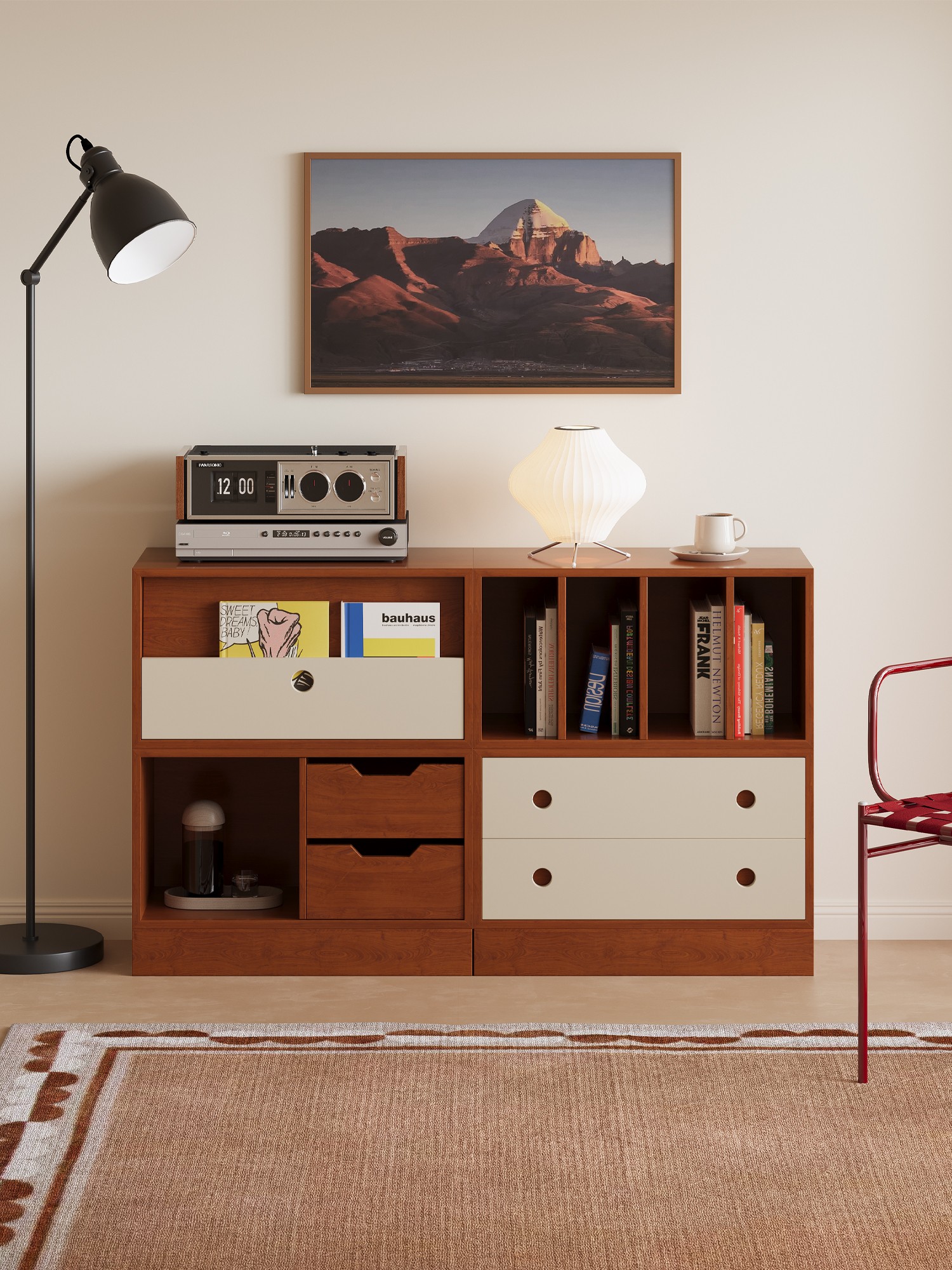 Alternate room view of the modular timber-grid sideboard