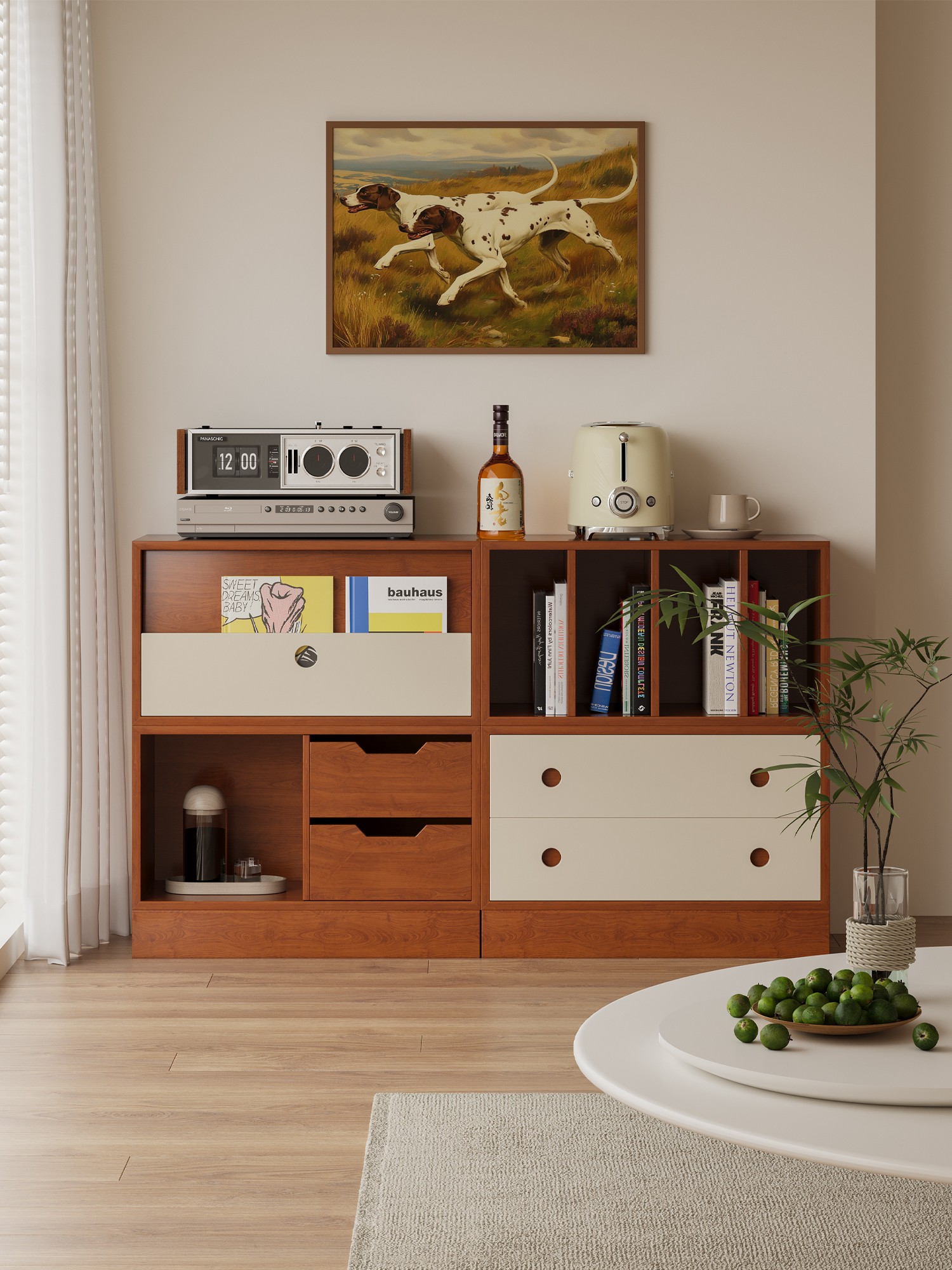Closer product view of the modular timber-grid sideboard