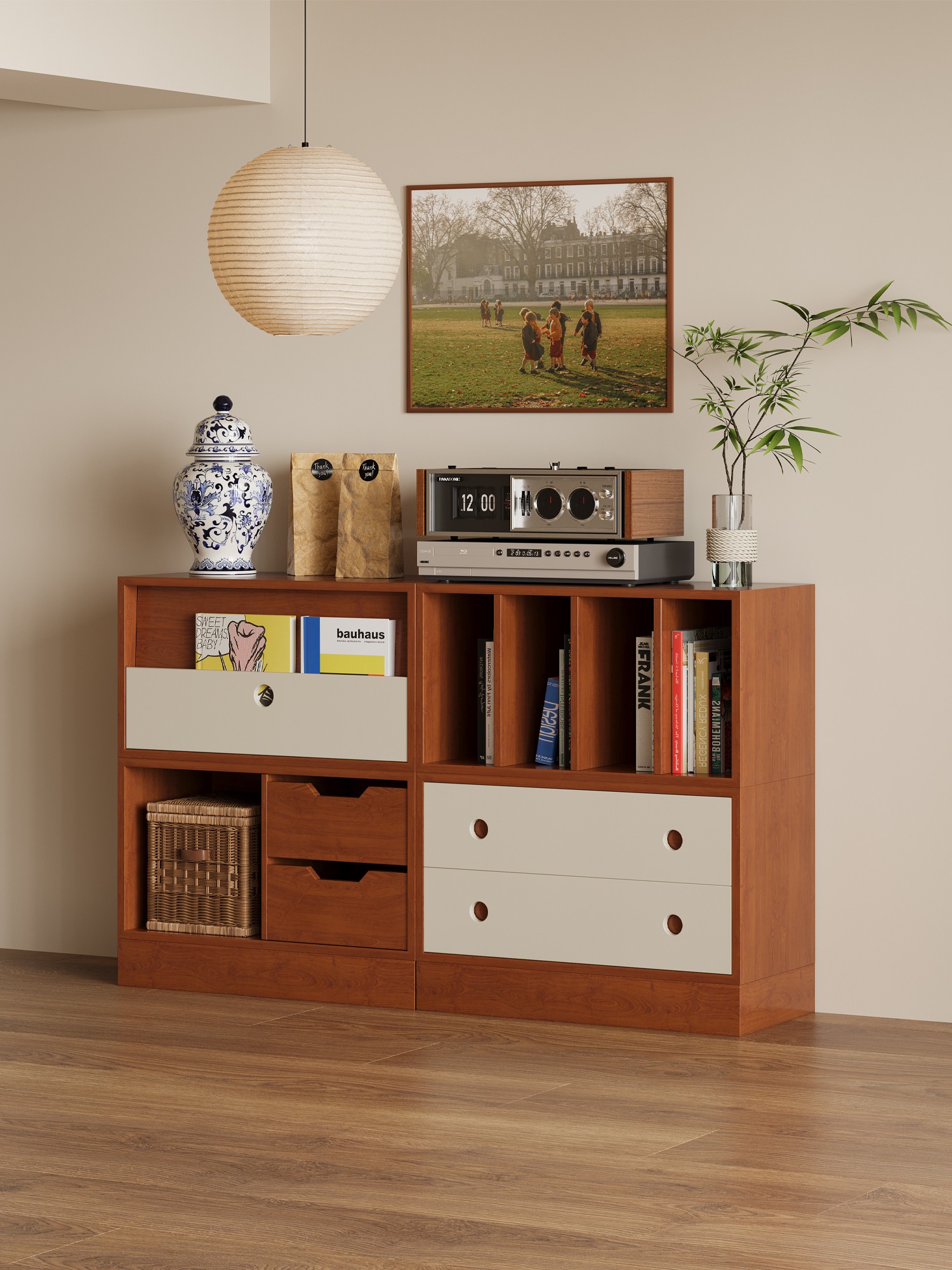 modular timber-grid sideboard shown in a second interior setting