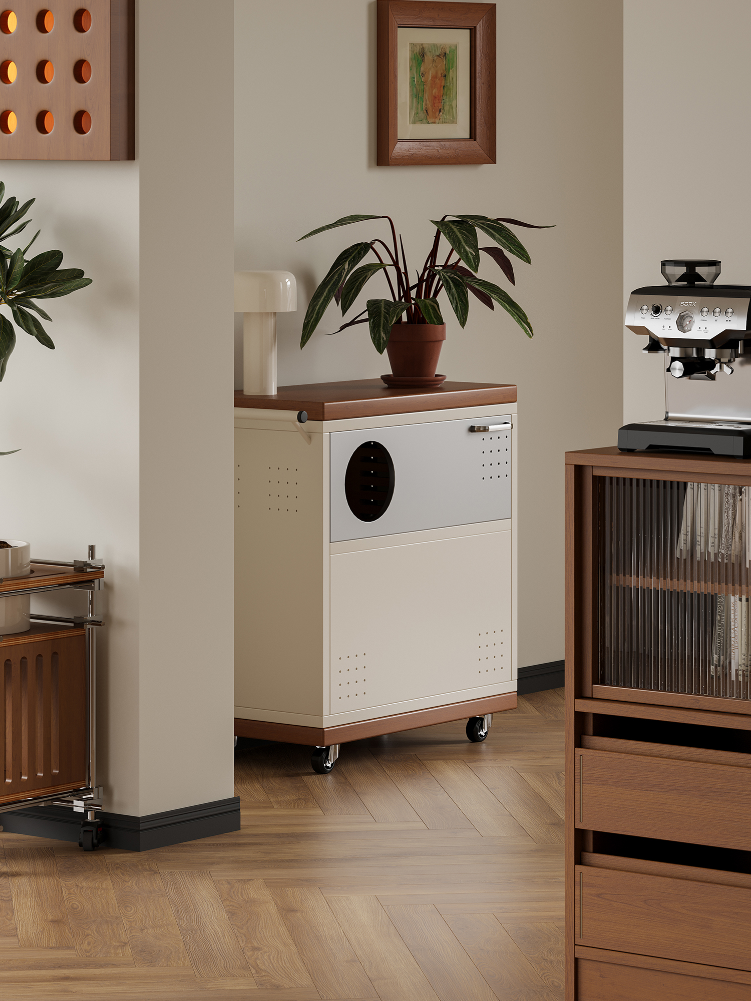 ventilated mobile pet care cabinet presented in a styled residential interior