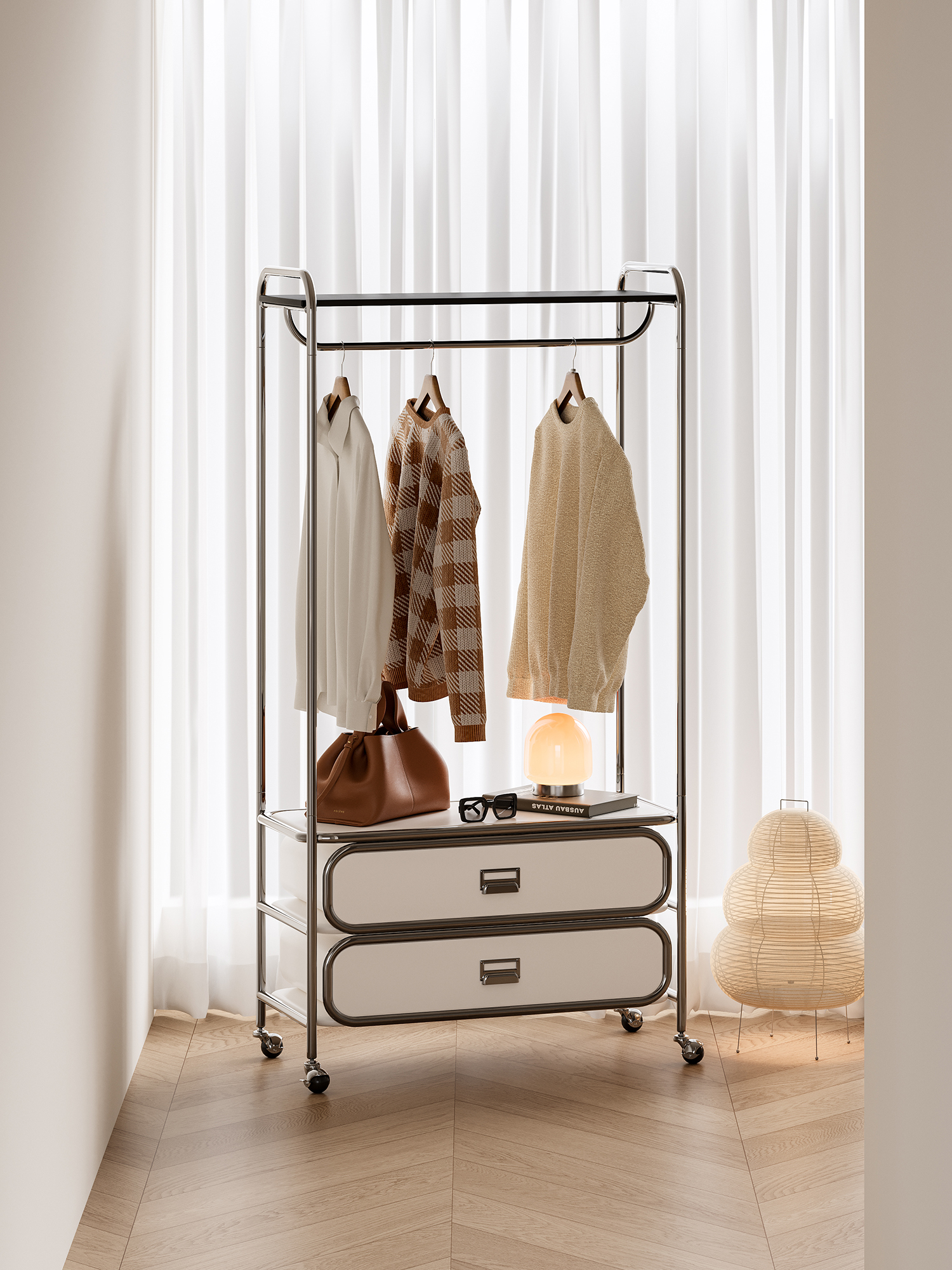 mobile tubular garment rack with drawers presented in a styled residential interior
