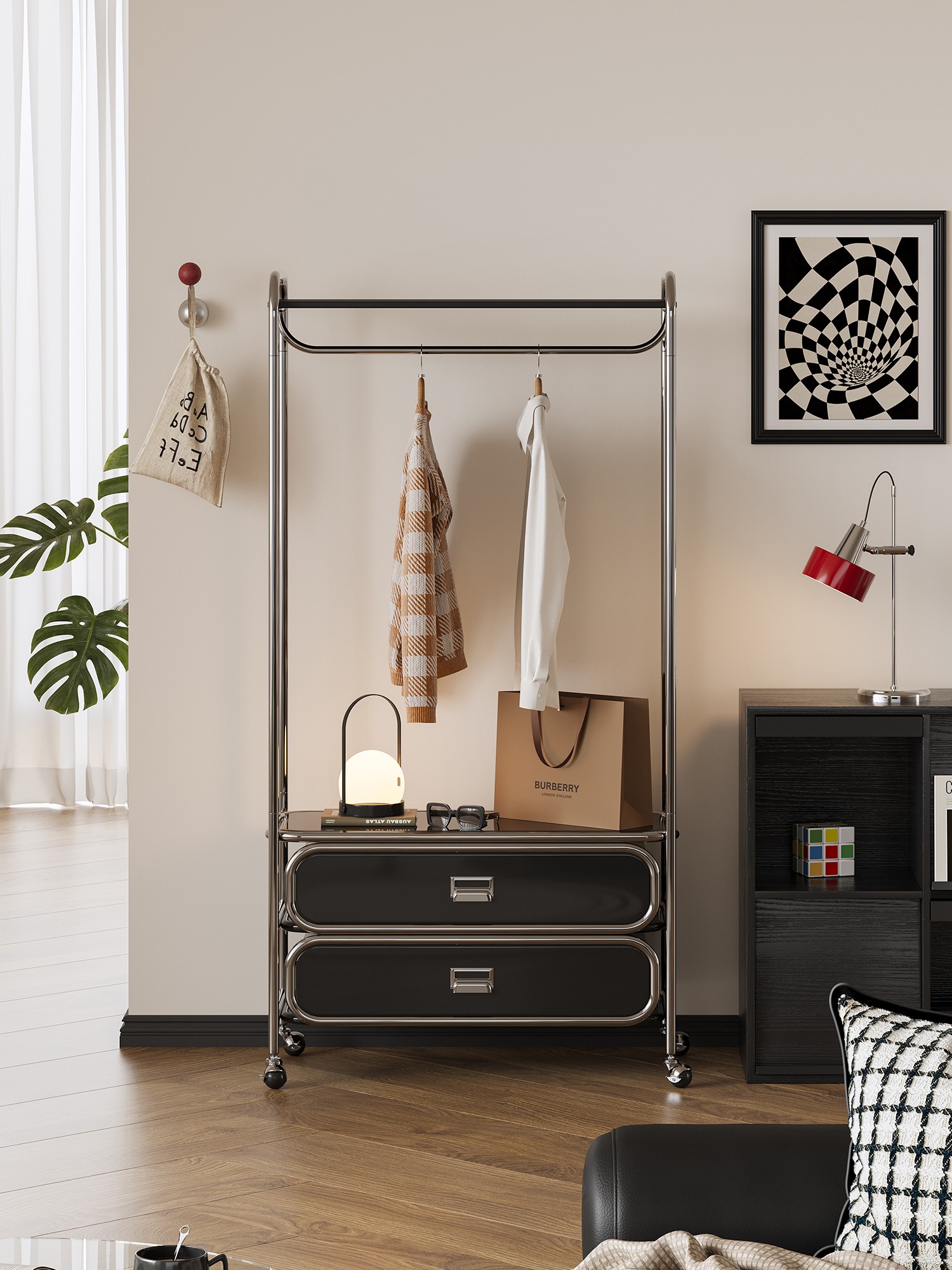 Closer product view of the mobile tubular garment rack with drawers