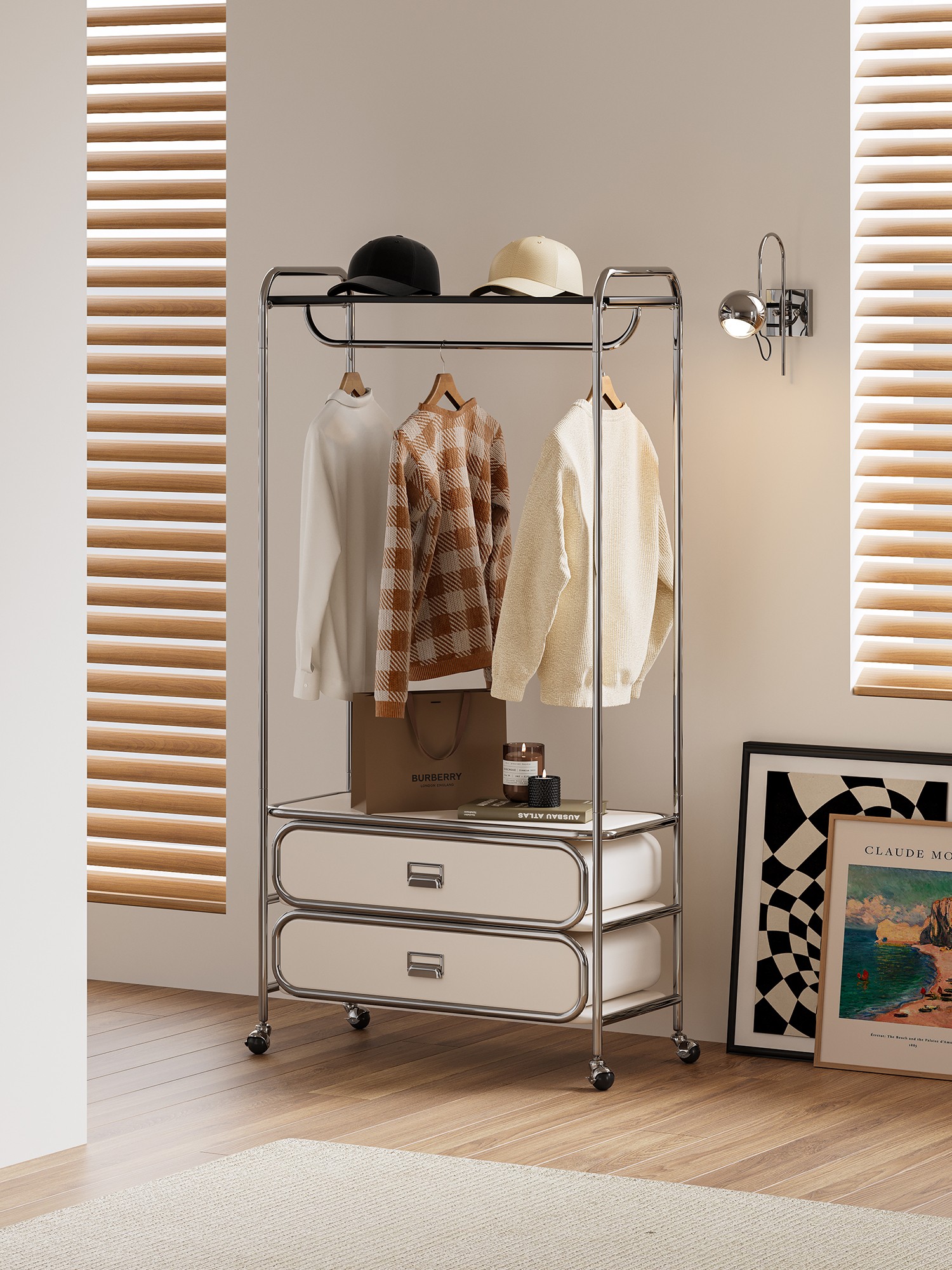 mobile tubular garment rack with drawers shown in a second interior setting