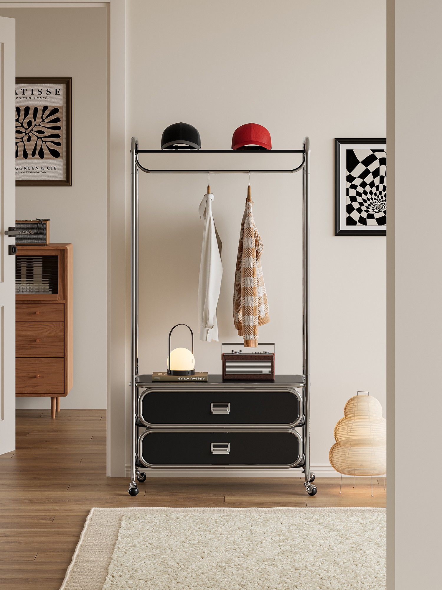 Material and form study of the mobile tubular garment rack with drawers
