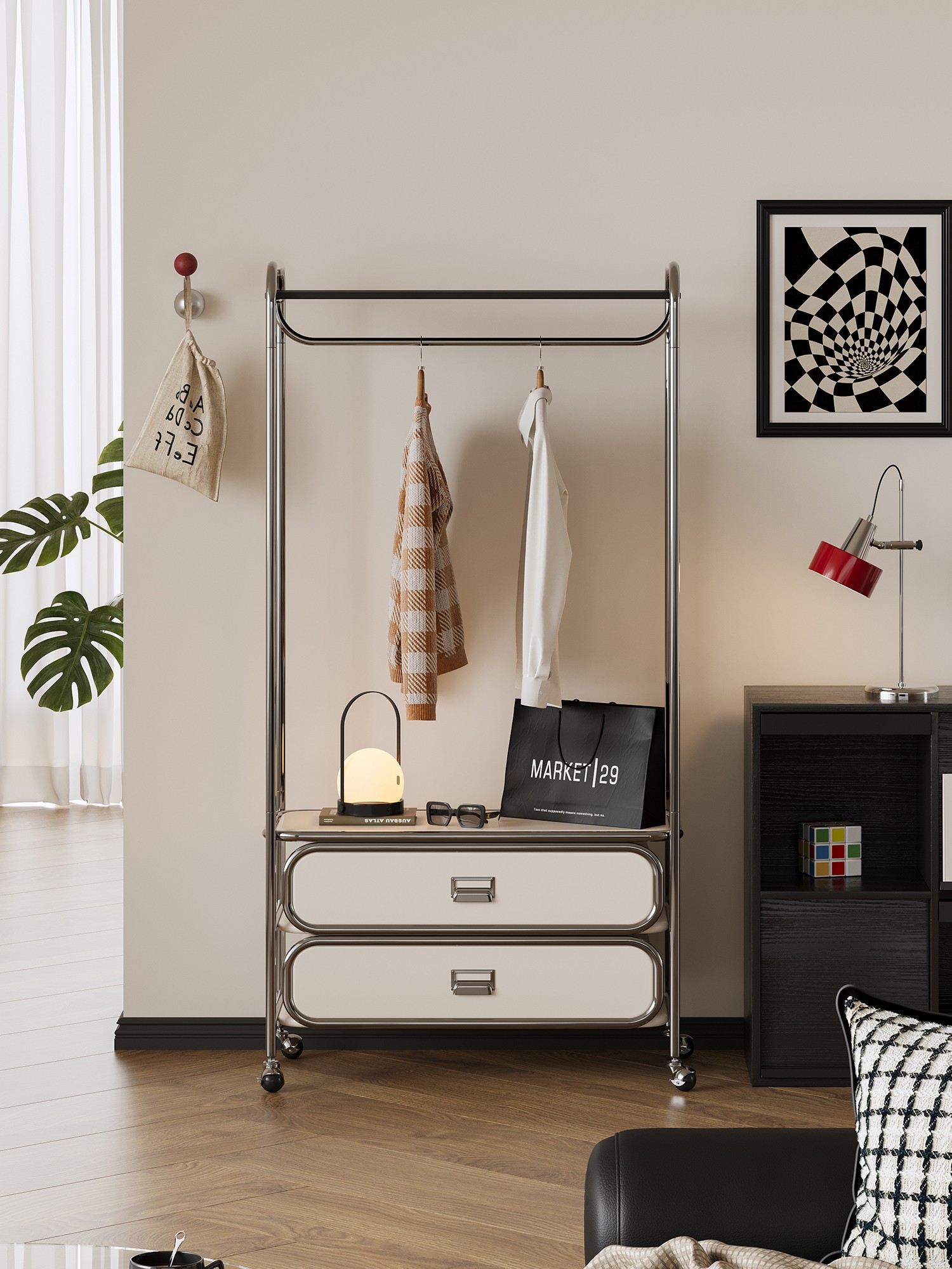 Final lifestyle view of the mobile tubular garment rack with drawers