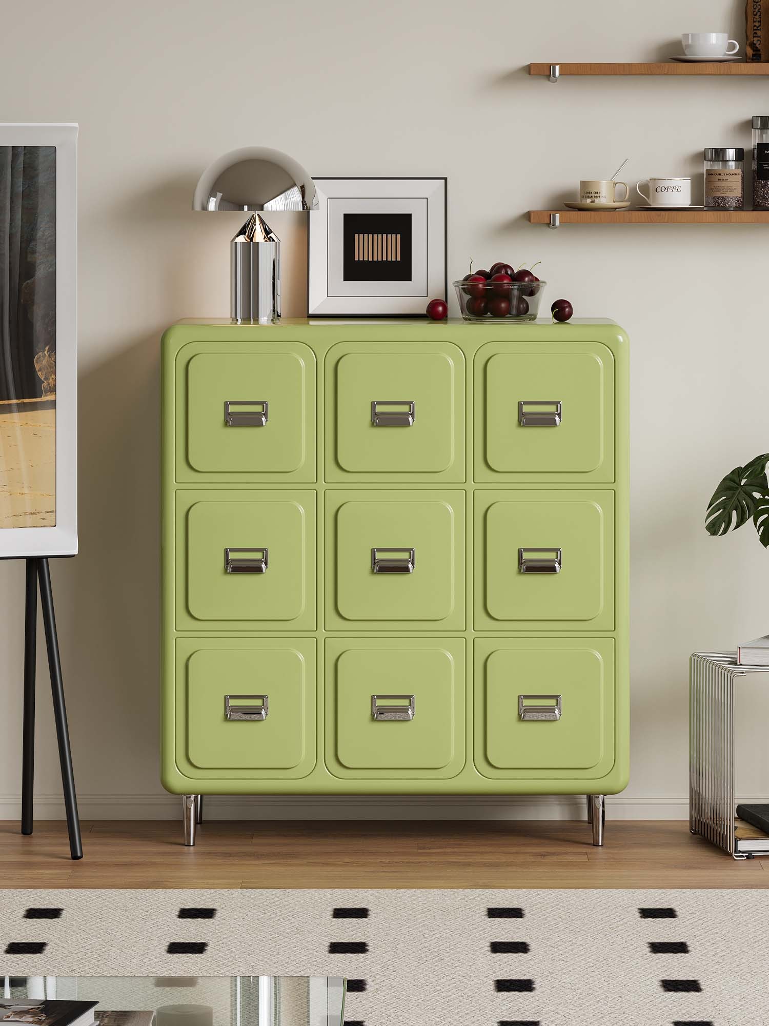 nine-drawer storage cabinet presented in a styled residential interior